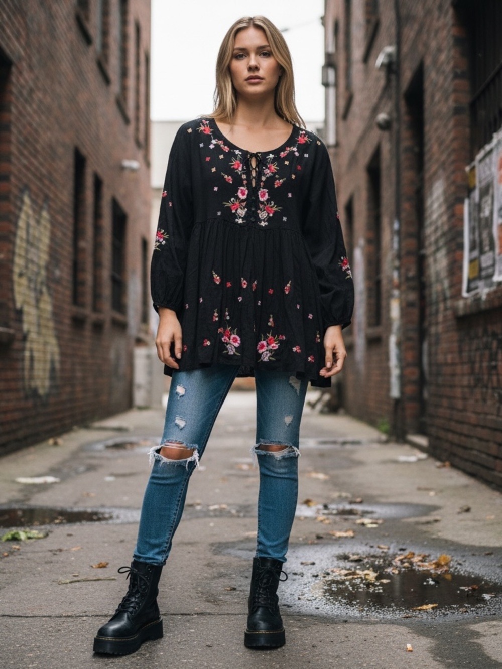 The Pyramid Collection Floral Embroidered tunic top M Boho peasant Cottagecore